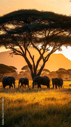 Golden sunlight fills the expansive African savanna at sunset, casting a peaceful, scenic atmosphere across the wild grassland photo