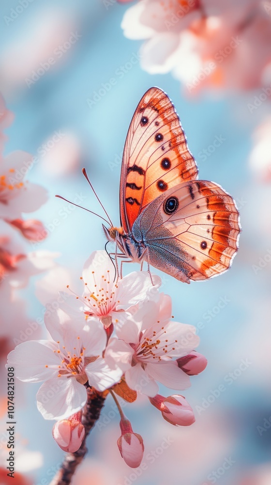 Obraz premium This enchanting image captures a delicate butterfly perched on cherry blossoms, with sunlight illuminating the vibrant colors and graceful wings amidst the tranquil pink petals