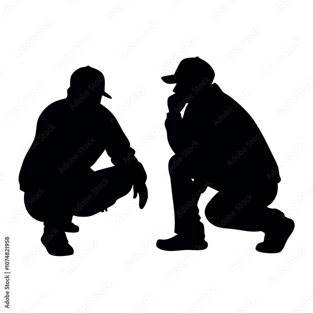 a vector silhouette of two people in a squatting position, facing slightly toward each other
