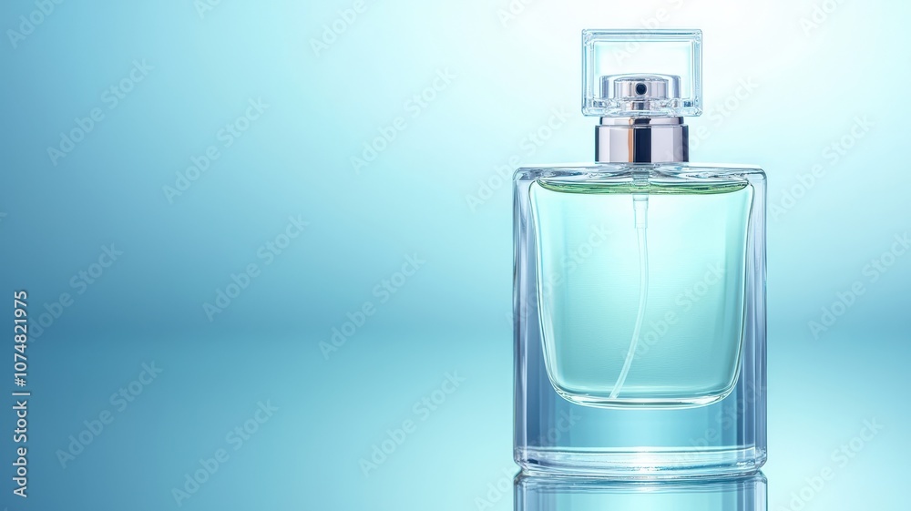 A clear glass perfume bottle filled with light blue liquid, set against a soft, blurred blue background. A clear glass perfume bottle filled with light blue liquid, set against a soft, blurred blue background.