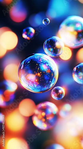 Captured in macro photography, these delicate bubbles shimmer with radiant light and vibrant hues, showcasing a smooth and fragile beauty in a whimsical, colorful setting