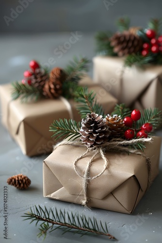 Festive Simplicity: Xmas Present with Ribbon and Natural Decorations on Clean Table