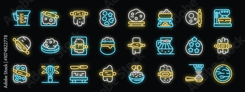 Neon signs representing baking process, featuring rolling pins, dough, measuring cups, mixers, and other tools, create a vibrant culinary scene