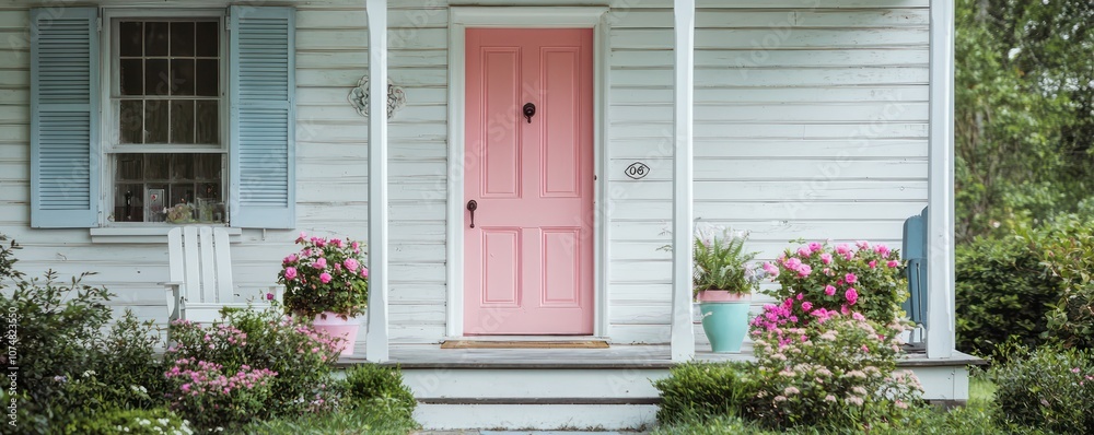 Fototapeta premium White wooden architecture, rose pink door, and vibrant porch flowers on a sunny day.