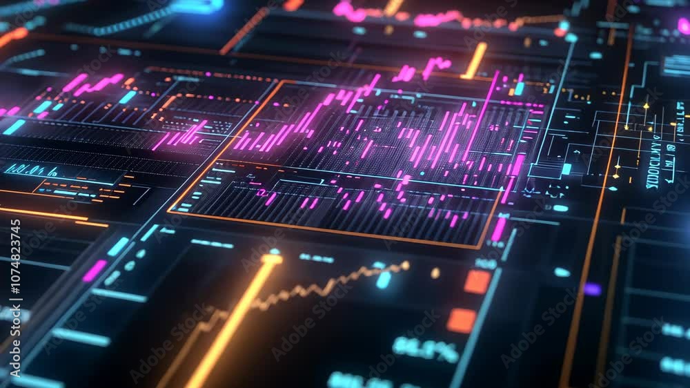 A close-up view of a digital display showing a variety of data, including graphs, charts, and numbers