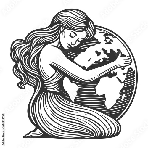 woman gently embracing the Earth, symbolizing love, care, and environmental harmony, drawn in a classic and elegant style sketch engraving generative ai vector illustration. Black and white image.