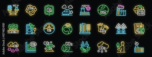 Colorful neon icons illustrate various aspects of co2 emissions, including sources, reduction strategies, and environmental consequences