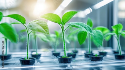 A close-up of young green seedlings in small pots, thriving under bright lights in a controlled growing environment.