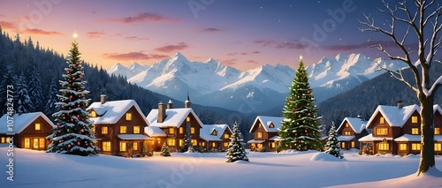 Decorated christmas trees in a christmas village in Lapland, Santa claus village banner, christmas wallpaper