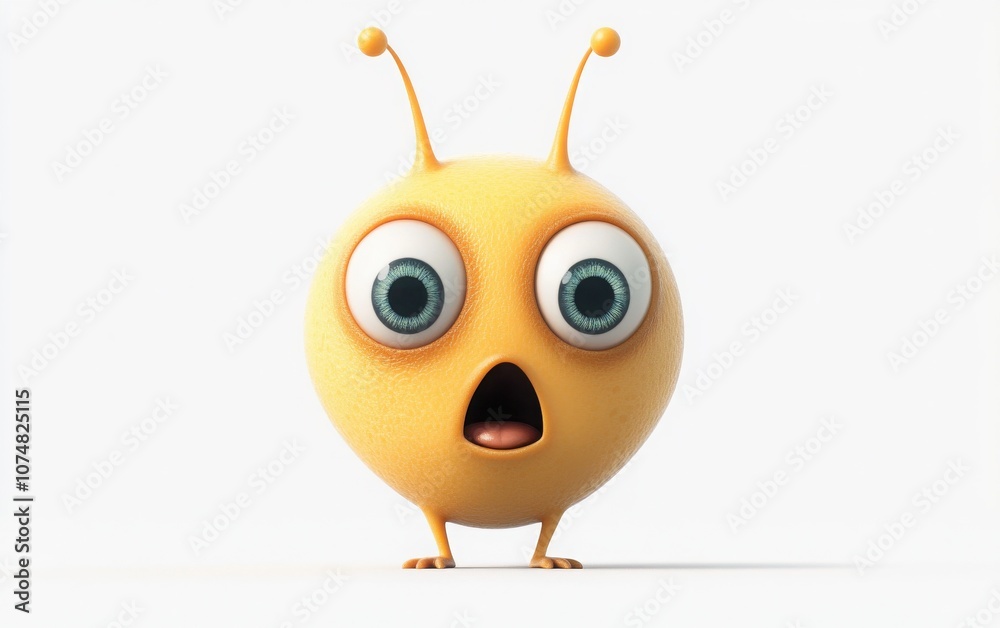 Obraz premium A 3D cartoon emoji of a surprised alien face with three eyes, a tiny open mouth, and antennas, giving a curious and otherworldly look on a white background 