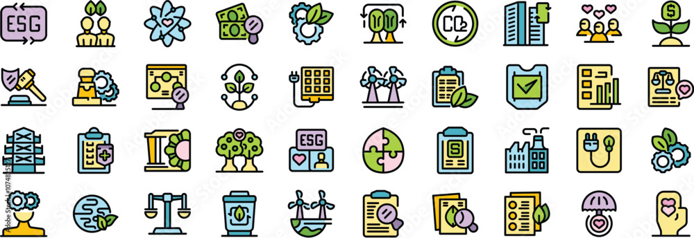 Colorful icons depicting various aspects of esg, highlighting sustainable investments, renewable energy, ethical practices, and social responsibility