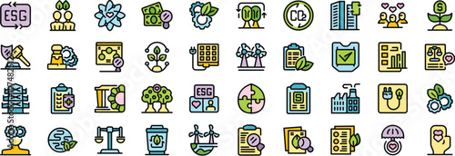 Colorful icons depicting various aspects of esg, highlighting sustainable investments, renewable energy, ethical practices, and social responsibility