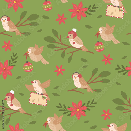 Canvas Print Winter Christmas Seamless  pattern of birds vector illustration