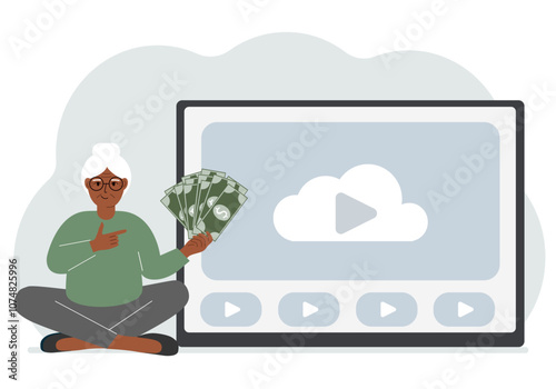 A woman holds paper banknotes in his hand, next to a computer with a video. Freelancer, earning money, working on the Internet, training, coaching, business, remote work. Vector flat illustration