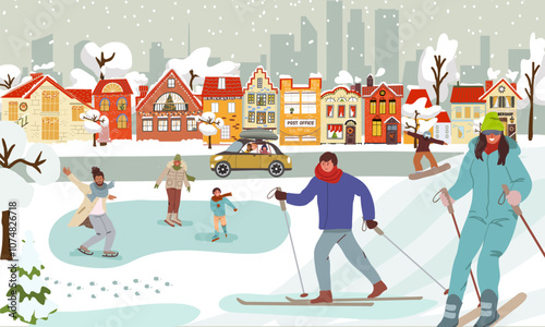 Family Winter Activity Holidays. Ice rink with different people on city background. Winter holiday scene with chilren, men and women at the park ice skating rink. Flat vector illustration, hand drawn