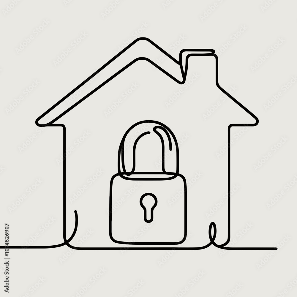 Minimalist line drawing of a house with padlock symbol on plain background Minimalist line drawing of a house with padlock symbol on plain background