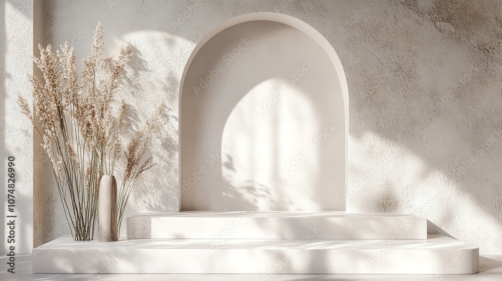 Obraz premium Elegant interior design featuring minimalistic arch, neutral tones, decorative plant in vase, and natural light.