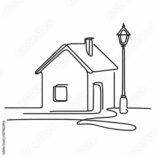 Minimalist line drawing of a cozy house next to a street lamp