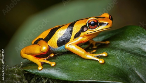 Vivid Yellow-Banded Poison Dart Frog, Dendrobates Tinctorius, Posing on Lush Tropical Foliage
