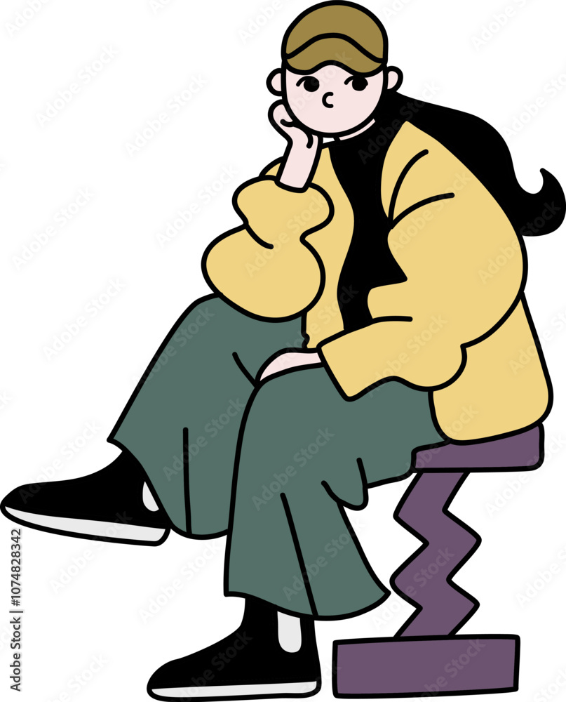考え事をする女性のベクター線画 考え事をする女性のベクター線画