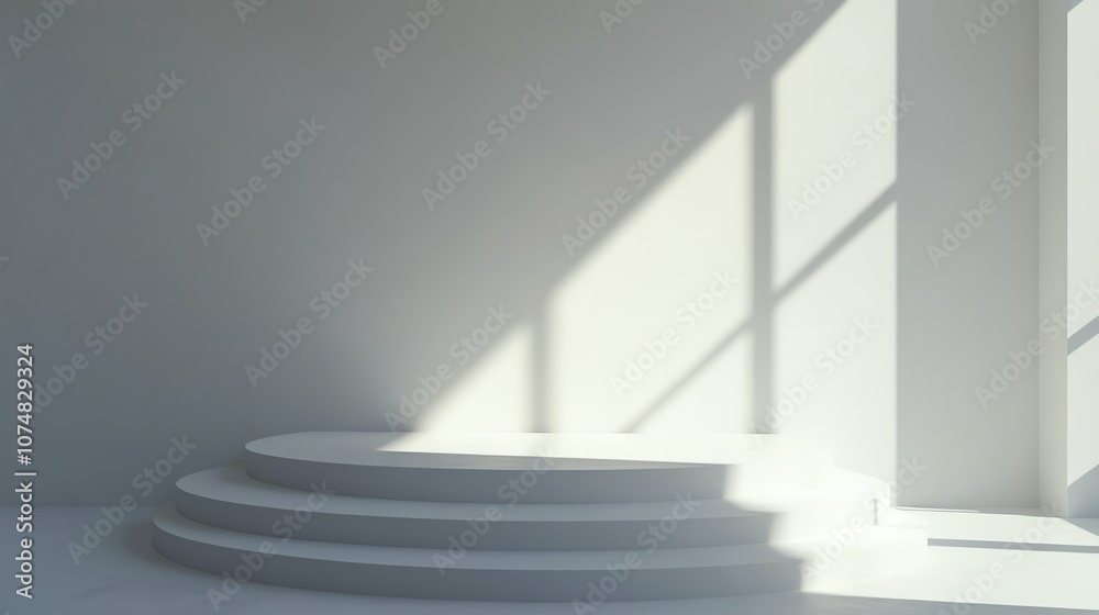 Obraz premium Minimalist studio interior with circular podium, soft natural light, and shadows cast on the walls.