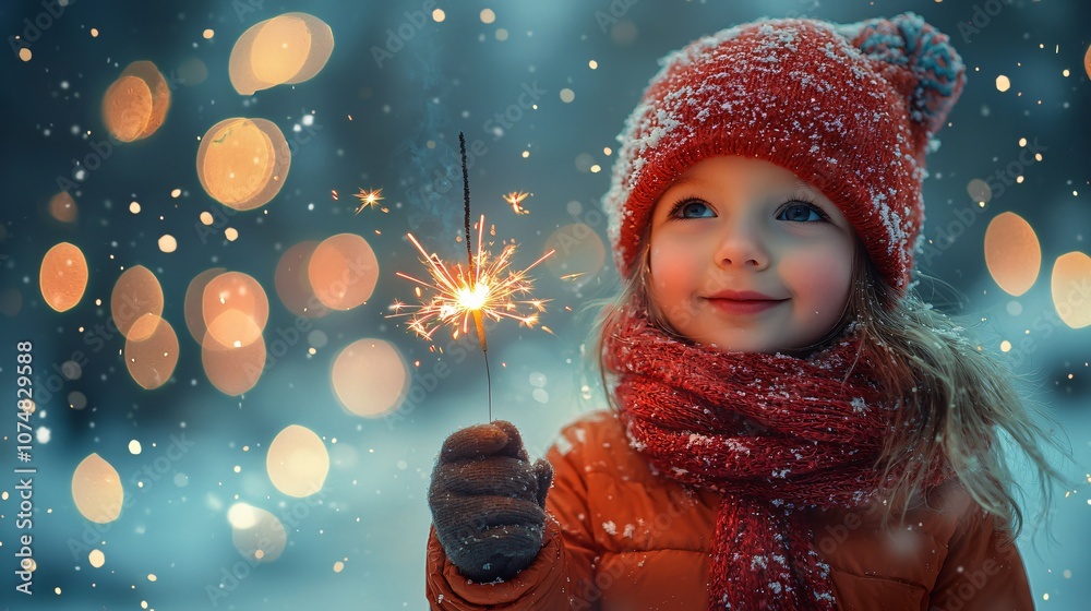 Happy Child Holding Sparkler in Winter Wonderland Happy Child Holding Sparkler in Winter Wonderland
