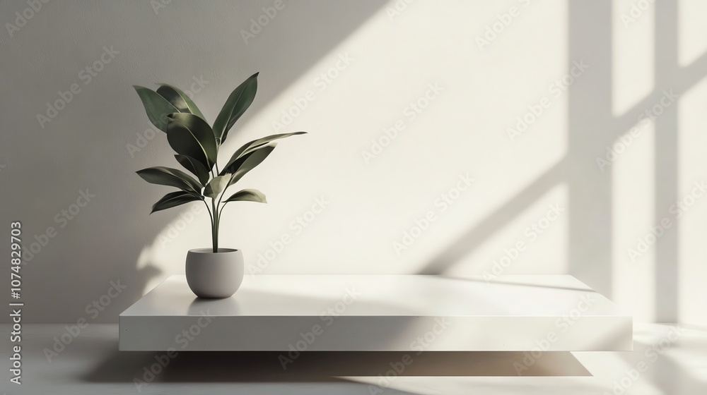 Minimalistic interior scene with a potted plant on a white shelf, sunlight casting gentle shadows. Minimalistic interior scene with a potted plant on a white shelf, sunlight casting gentle shadows.