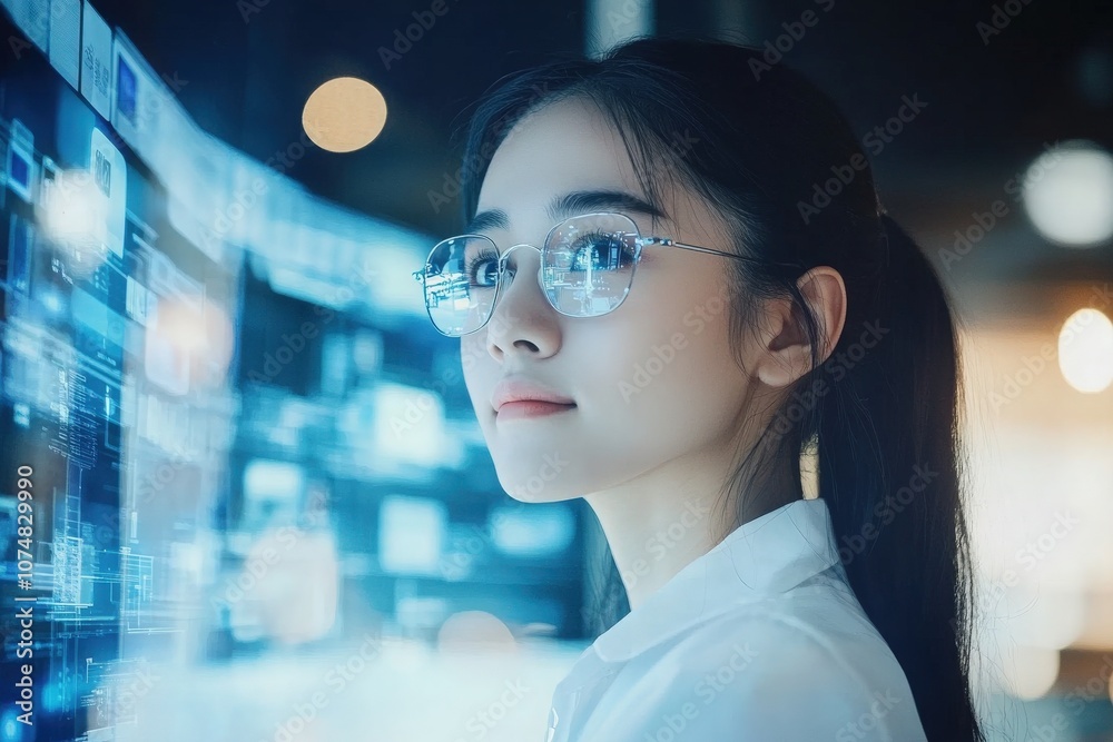 Obraz premium A young Asian woman with glasses intently engages with digital displays during a virtual meeting, highlighting her proficiency with technology and collaboration tools in a professional setting.