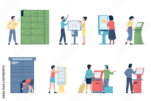 Self service terminals. People using smart kiosks for byu tickets, order food or travel, take parcels. Digital ordering, technology lifestyle recent vector scenes