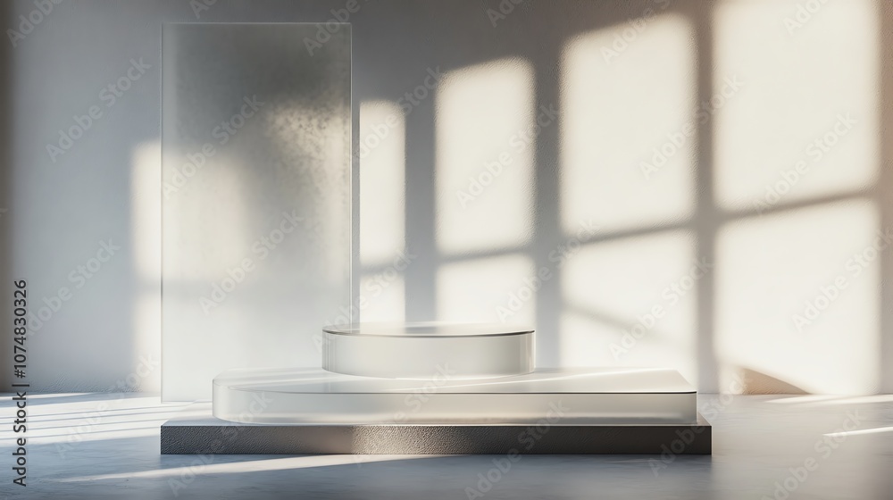Fototapeta premium Modern display platform with soft light and shadows in a minimalistic interior.