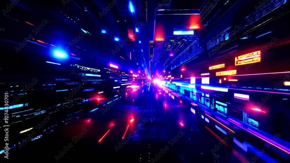 Cyberpunk City Flythrough Glitch Art, Digital Data Stream - Animated Background