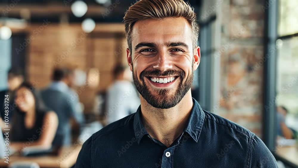 A man smiles broadly at the camera while working in an office A man smiles broadly at the camera while working in an office