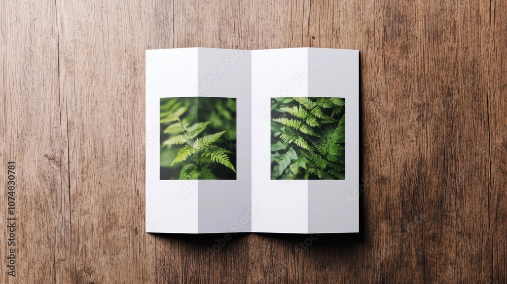Fototapeta premium A minimalist open booklet showcasing vibrant green ferns against a rustic wooden surface.