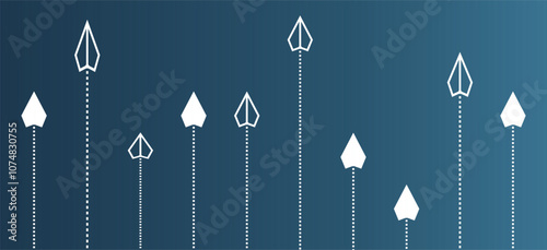 paper planes flying in formation in one direction on blue background and one paper glider flying ahead of others, leadership and management concept