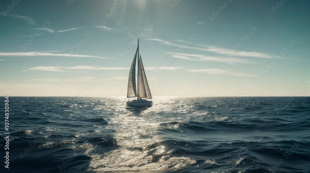 Obraz premium sailing boat on the horizon with clear sky and calm water