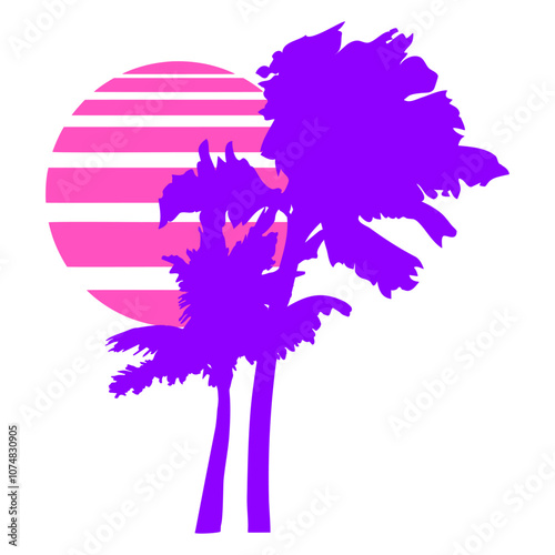 2 Palm Trees Island Tree Stripe Sun Sunset Evening Beach Vacation South Seas Tropical Warm Weather Caribbean Nature Lover Summer Holiday Life Isolated T-Shirt Poster Sticker Print Illustration Design