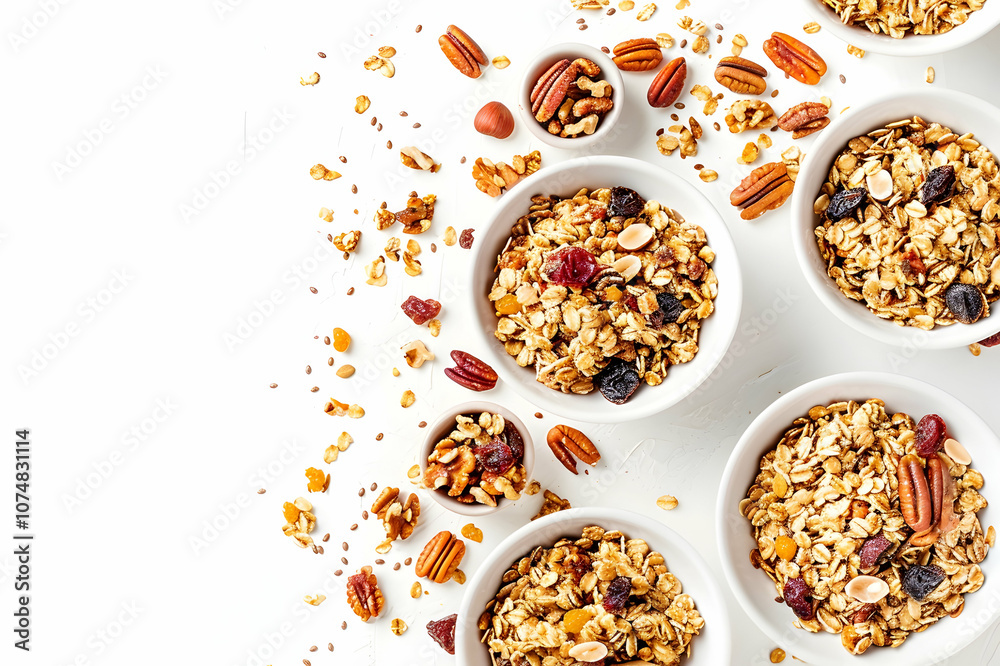 delicious granola with nuts and dried fruits scattered from bowls on white delicious granola with nuts and dried fruits scattered from bowls on white