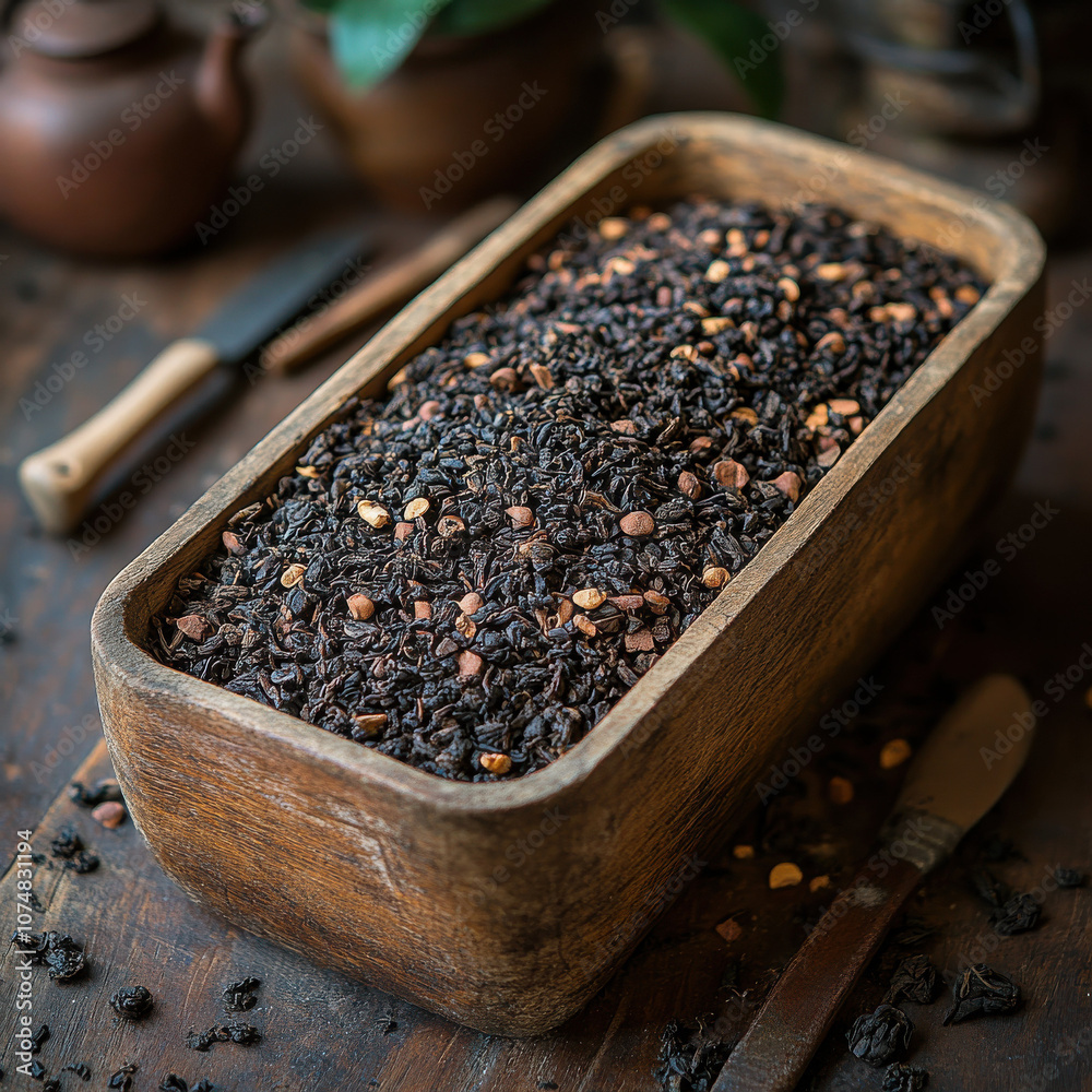 Used tea compost in a rustic wooden bowl for gardening Used tea compost in a rustic wooden bowl for gardening