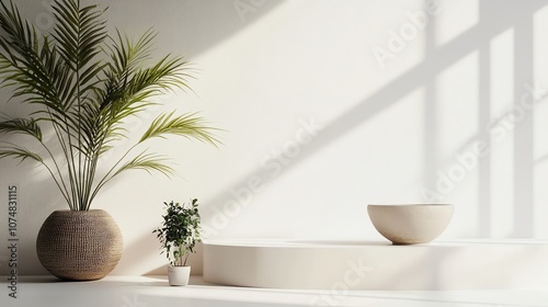 Modern interior with potted plants and minimalist decor, ideal for relaxation and harmony.