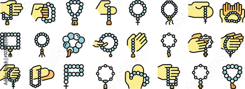 Hands holding rosary beads, prayer beads icons set, religion, spirituality, meditation, catholicism, christianity
