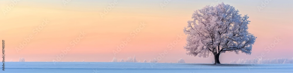 Frost-covered tree silhouetted against a pastel-hued sky at dawn background with empty space for text Frost-covered tree silhouetted against a pastel-hued sky at dawn background with empty space for text