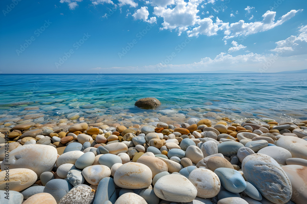 tranquil coastline with stones near mediterranean sea