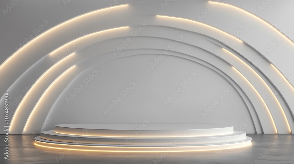 Obraz premium Modern stage design with elegant lighting and curved white background.
