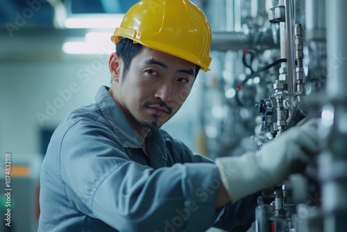 Two Asian individuals are engaged in maintenance work on industrial equipment in a factory. They are dressed in protective gear, focusing on the machinery under bright lights.