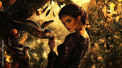 magical twilight glow Lilith exudes strength and mystery her piercing gaze challenging viewer while enveloped lush greenery snakes and vibrant birds. photo