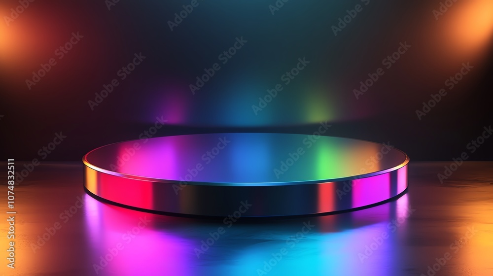 Shiny circular podium with colorful lighting effects on a dark background. Shiny circular podium with colorful lighting effects on a dark background.