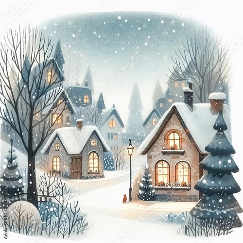 Christmas watercolor illustration. Winter village with houses and trees