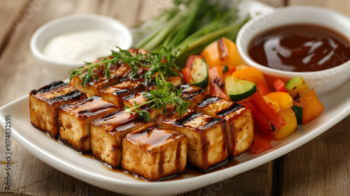 A Mouthwatering Dish of Grilled Tofu with Mixed Vegetables and Herb Garnish for a Healthy Meal Experience