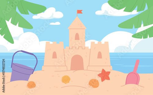 Sand castle on beach. Kids builds fortress or palace on seaside. Sandy construction, bucket and shovel, tropical plants and shells. Ocean racy vector background