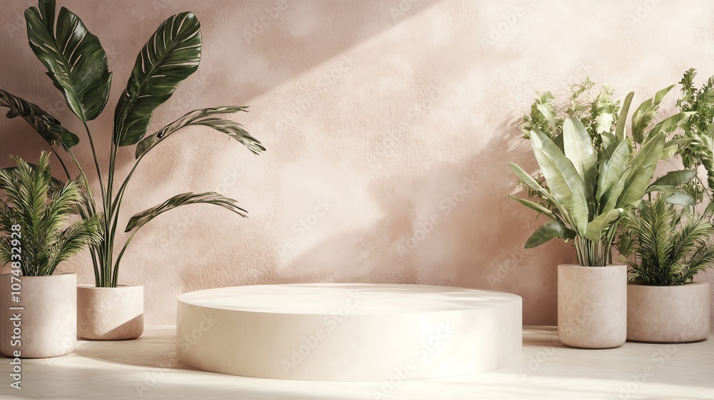 Stylish indoor setting with potted plants and a round pedestal on a soft pink background. Stylish indoor setting with potted plants and a round pedestal on a soft pink background.